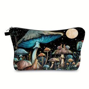 Trippy Mushroom & Moon Zipper Pouch For Makeup Stationery & Travel Accessories